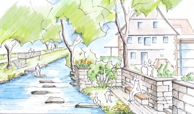 Skizze nach Umsetzung des Hochwasserschutzkonzeptes an der Bruckmühle Skizze nach Umsetzung des Hochwasserschutzkonzeptes an der Bruckmühle